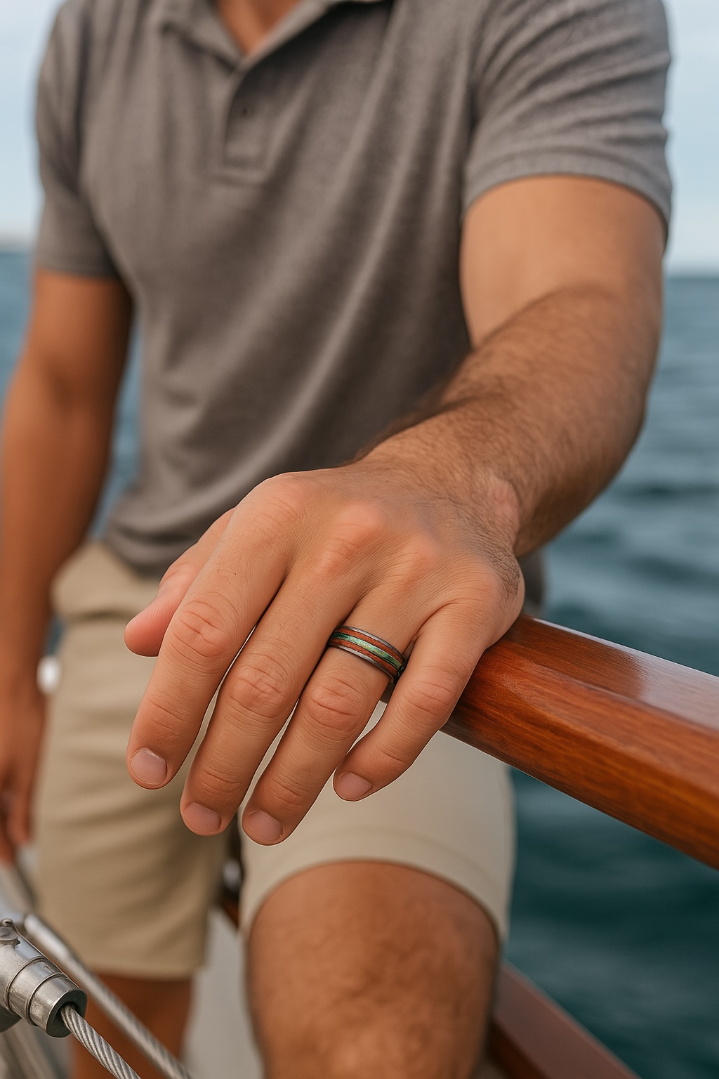 Customizable tungsten wedding ring with wood and opal inlay